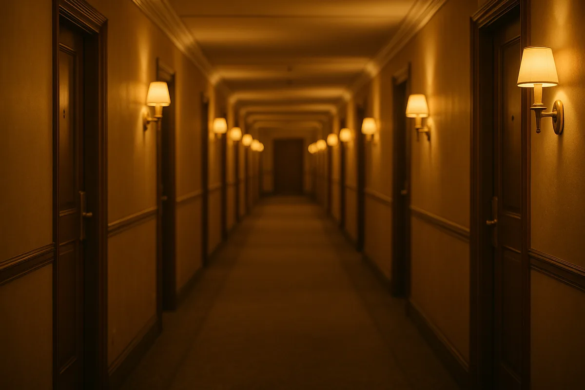 A quiet hotel corridor of closed doors